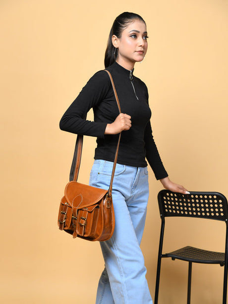 Bandolera de cuero de 2 bolsillos para mujer