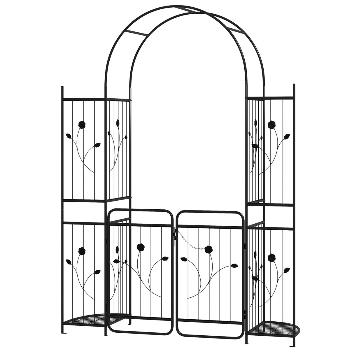 Arco de Jardín de 87 Pulgadas de Alto con Puerta, Estantes para Macetas y Enrejados para Plantas Trepadoras