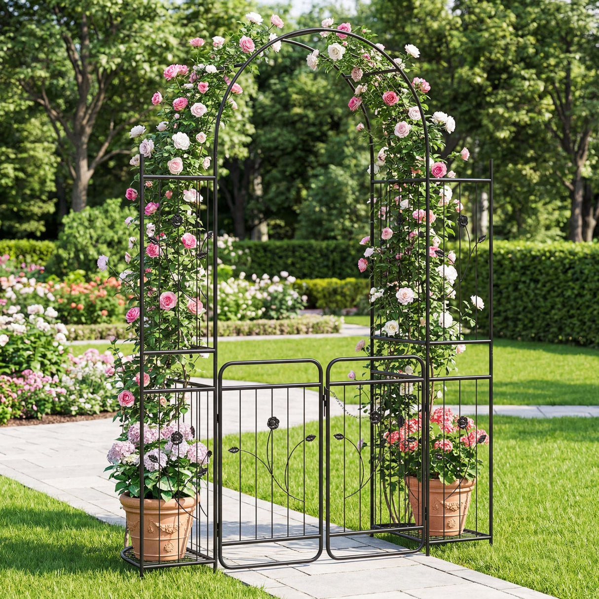 Arco de Jardín de 87 Pulgadas de Alto con Puerta, Estantes para Macetas y Enrejados para Plantas Trepadoras