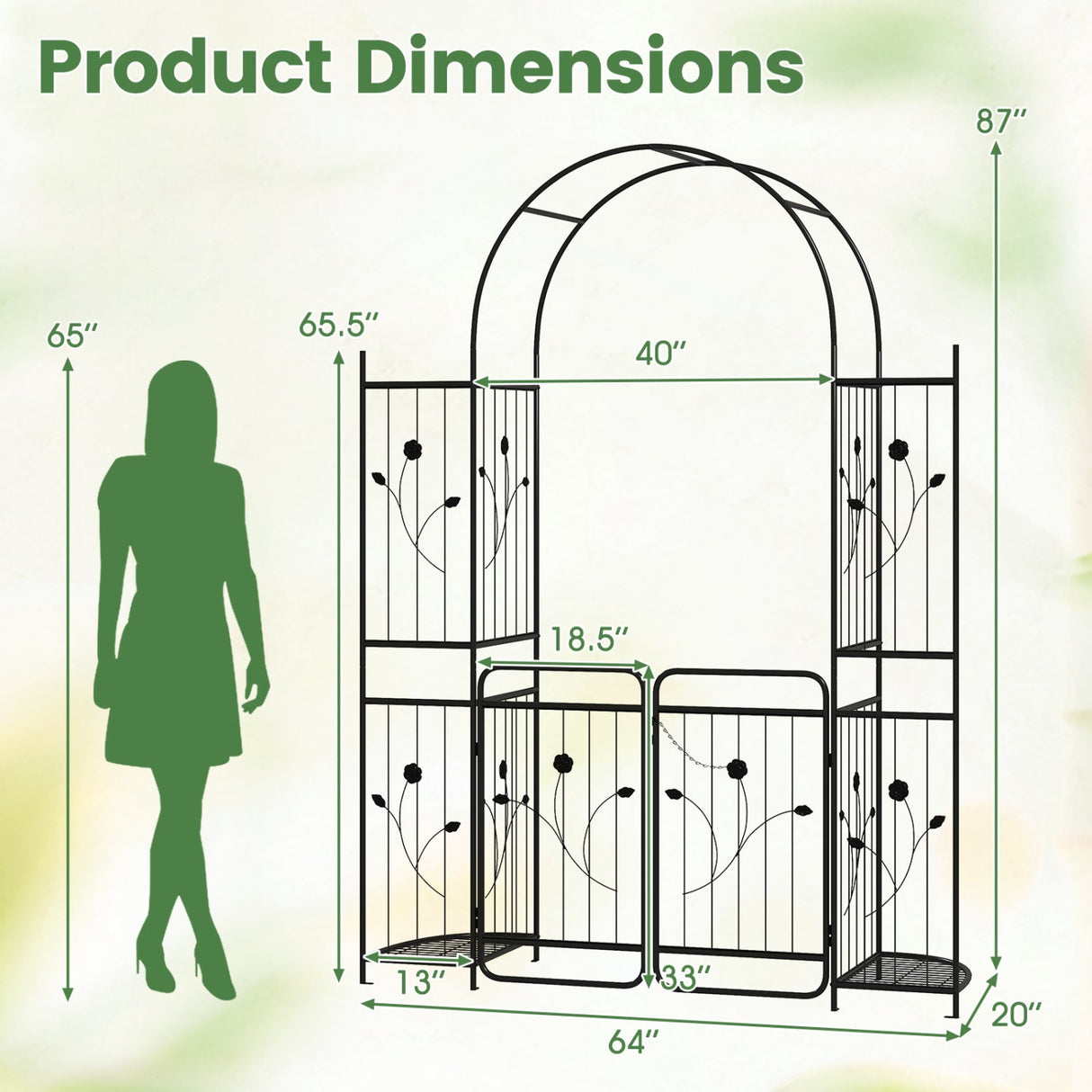 Arco de Jardín de 87 Pulgadas de Alto con Puerta, Estantes para Macetas y Enrejados para Plantas Trepadoras