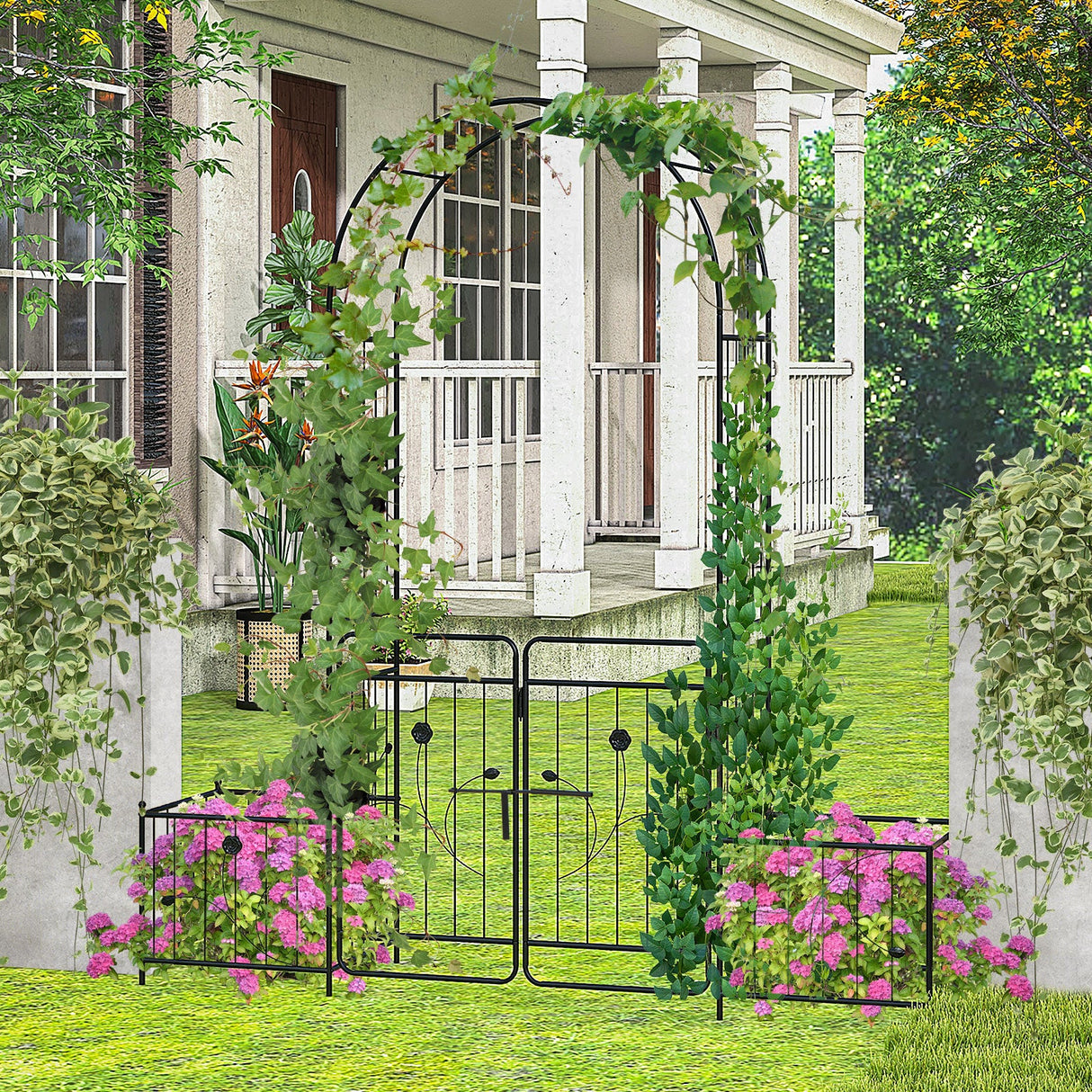 Cenador de Jardín de 87 Pulgadas con Puerta con Candado y Jardineras Laterales-Negro