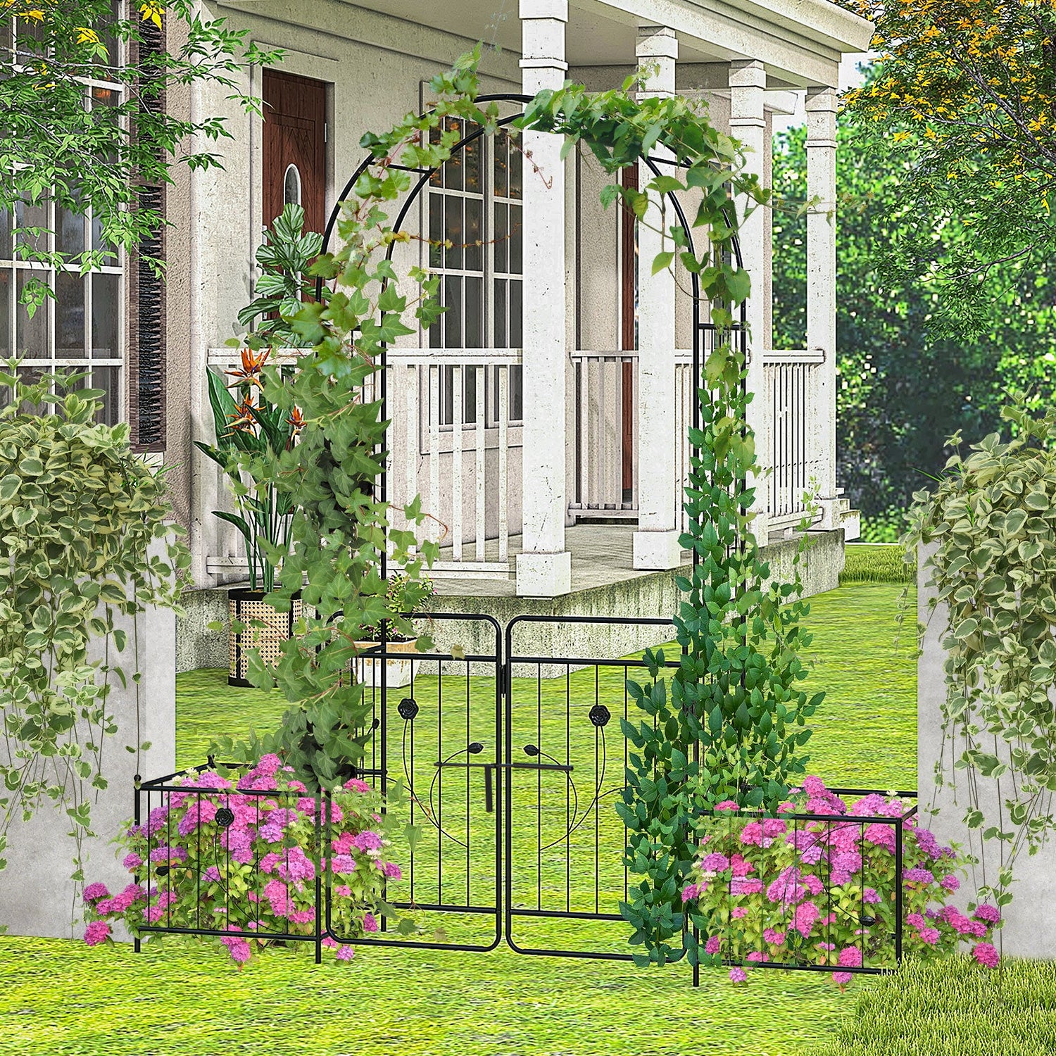 Cenador de Jardín de 87 Pulgadas con Puerta con Candado y Jardineras Laterales-Negro