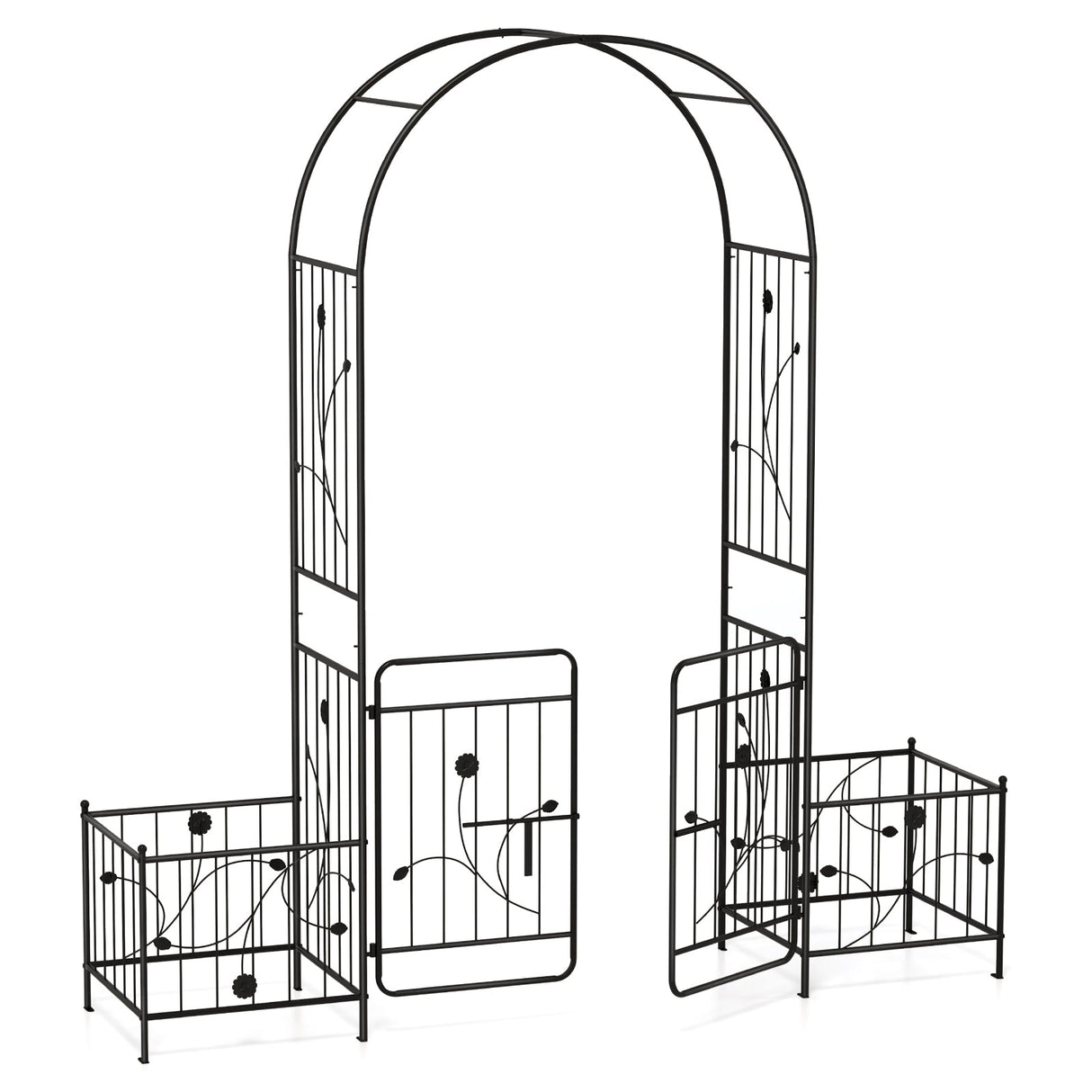 Cenador de Jardín de 87 Pulgadas con Puerta con Candado y Jardineras Laterales-Negro