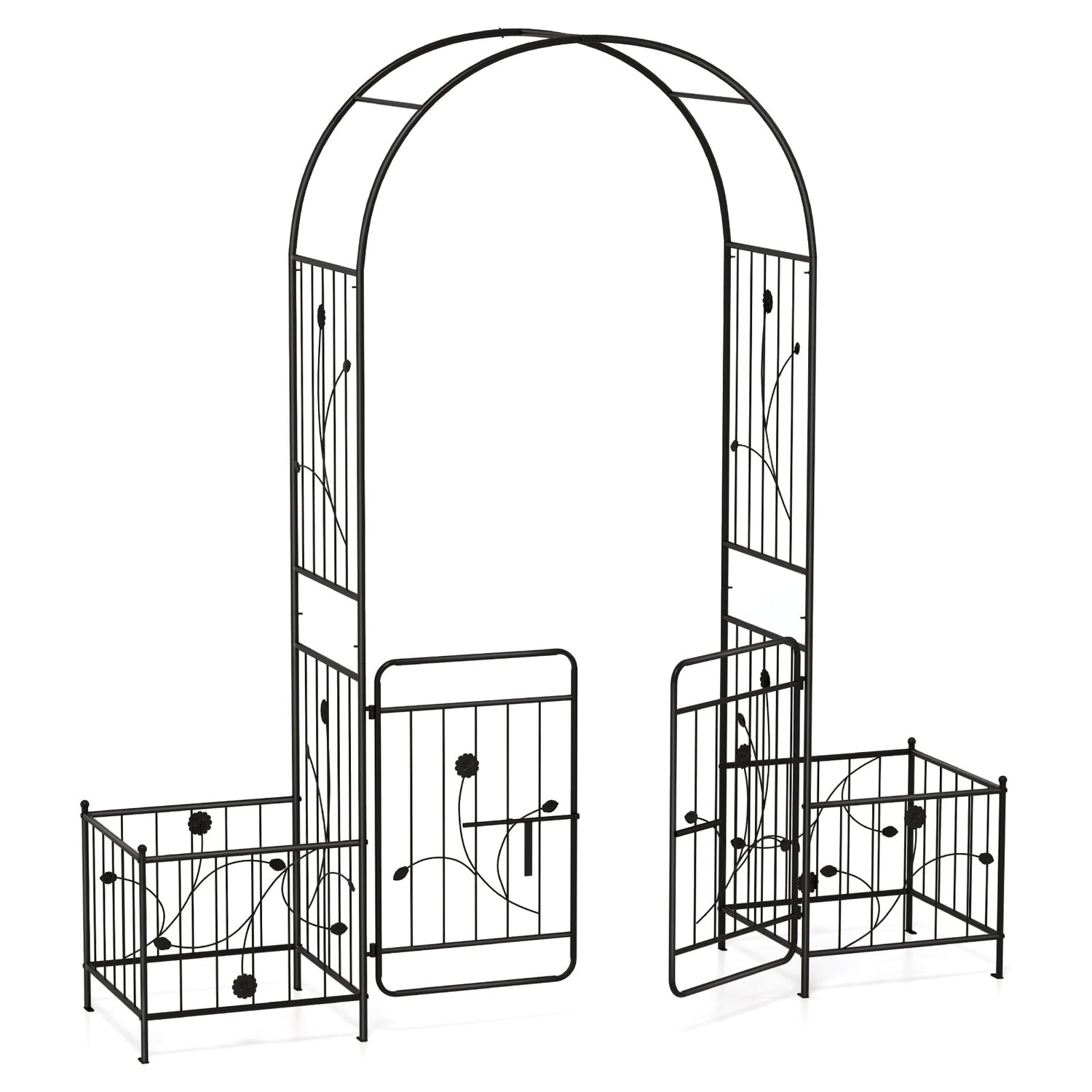 Cenador de Jardín de 87 Pulgadas con Puerta con Candado y Jardineras Laterales-Negro