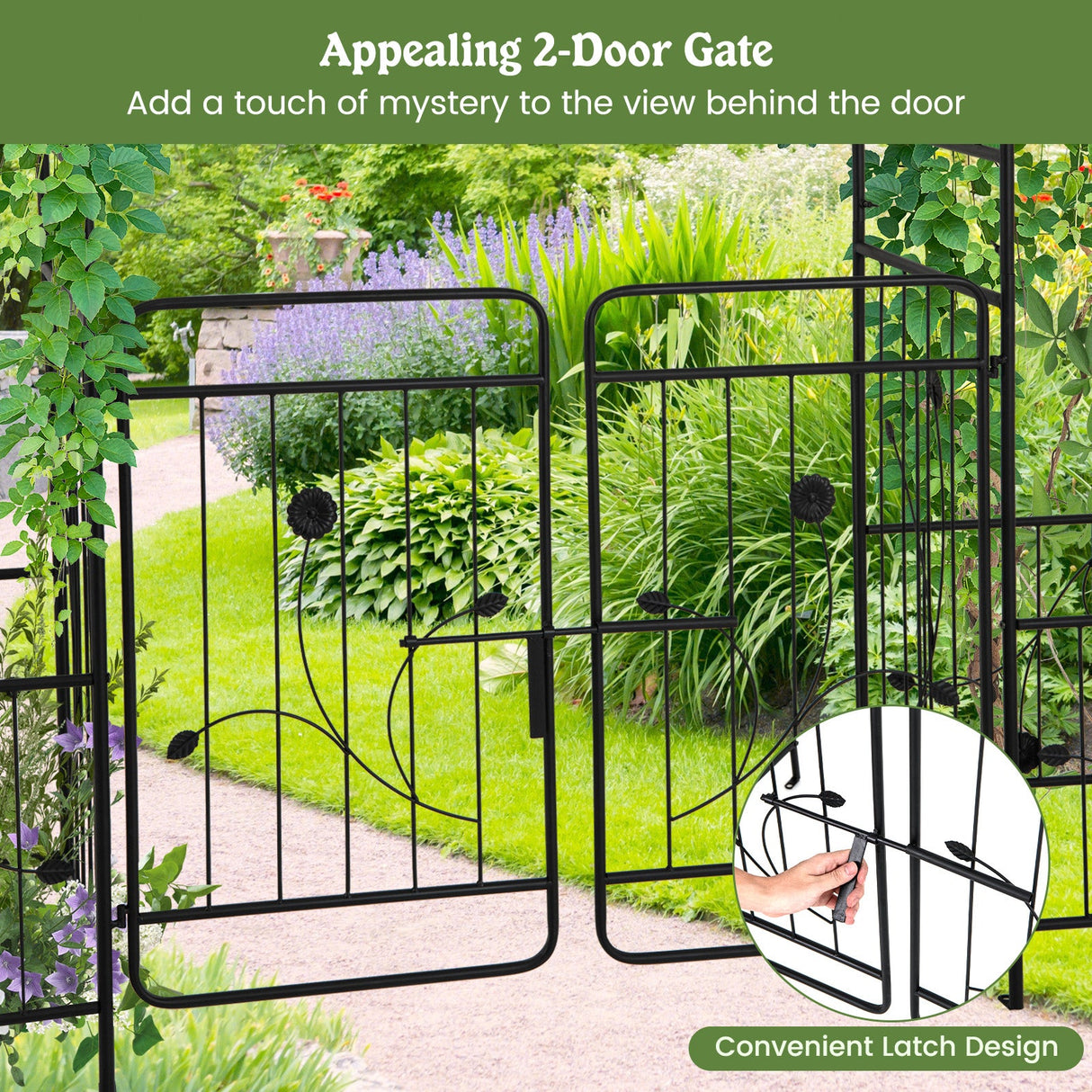 Cenador de Jardín de 87 Pulgadas con Puerta con Candado y Jardineras Laterales-Negro