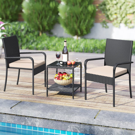 Juego de muebles de patio de 3 piezas con cojines de asiento y mesa con cubierta de vidrio templado