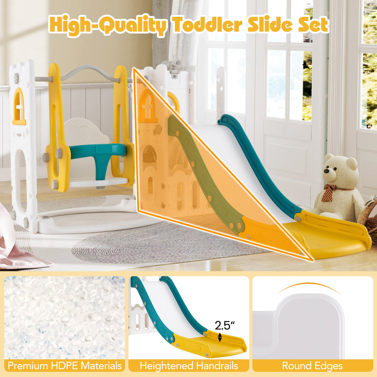 Columpio y tobogán para niños pequeños 7 en 1, en forma de L, con escalera y canasta de baloncesto