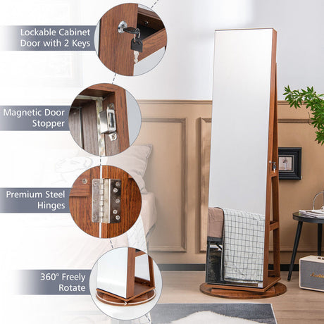 Joyero armariete giratorio 360° con espejo, 3 modos de luz LED, con cerradura