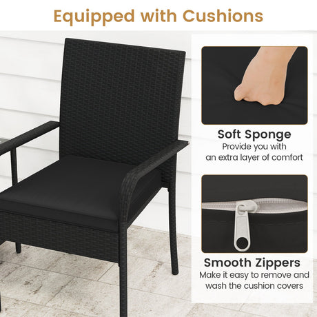 Juego de muebles de patio de 3 piezas con cojines de asiento y mesa con cubierta de vidrio templado
