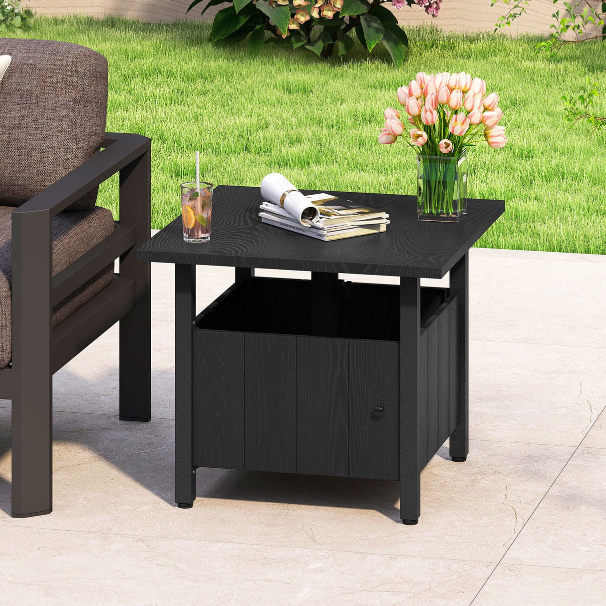 Mesa Auxiliar Exterior con Agujero para Sombrilla de 1.89" Soporte de Base para Sombrilla de Patio - Negro