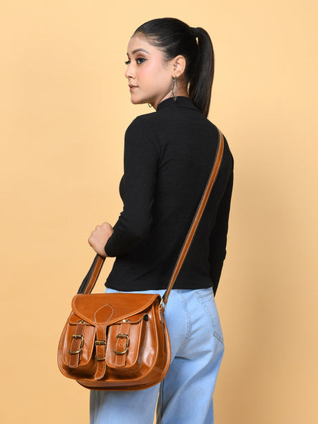 Bandolera de cuero de 2 bolsillos para mujer