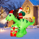 Inflable navideño iluminado de 8 pies de Papá Noel en dinosaurio con cajas de regalo
