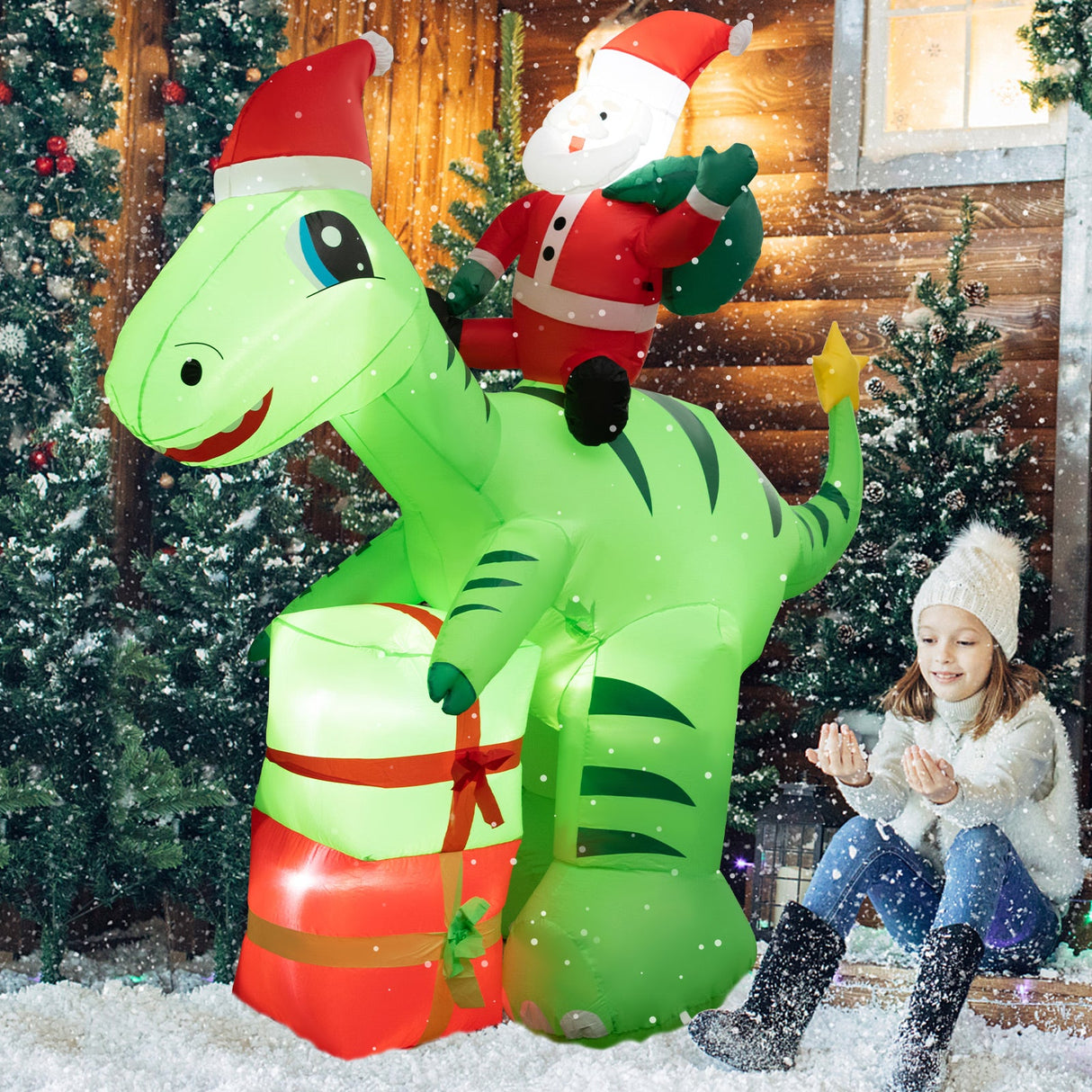 Inflable navideño iluminado de 8 pies de Papá Noel en dinosaurio con cajas de regalo