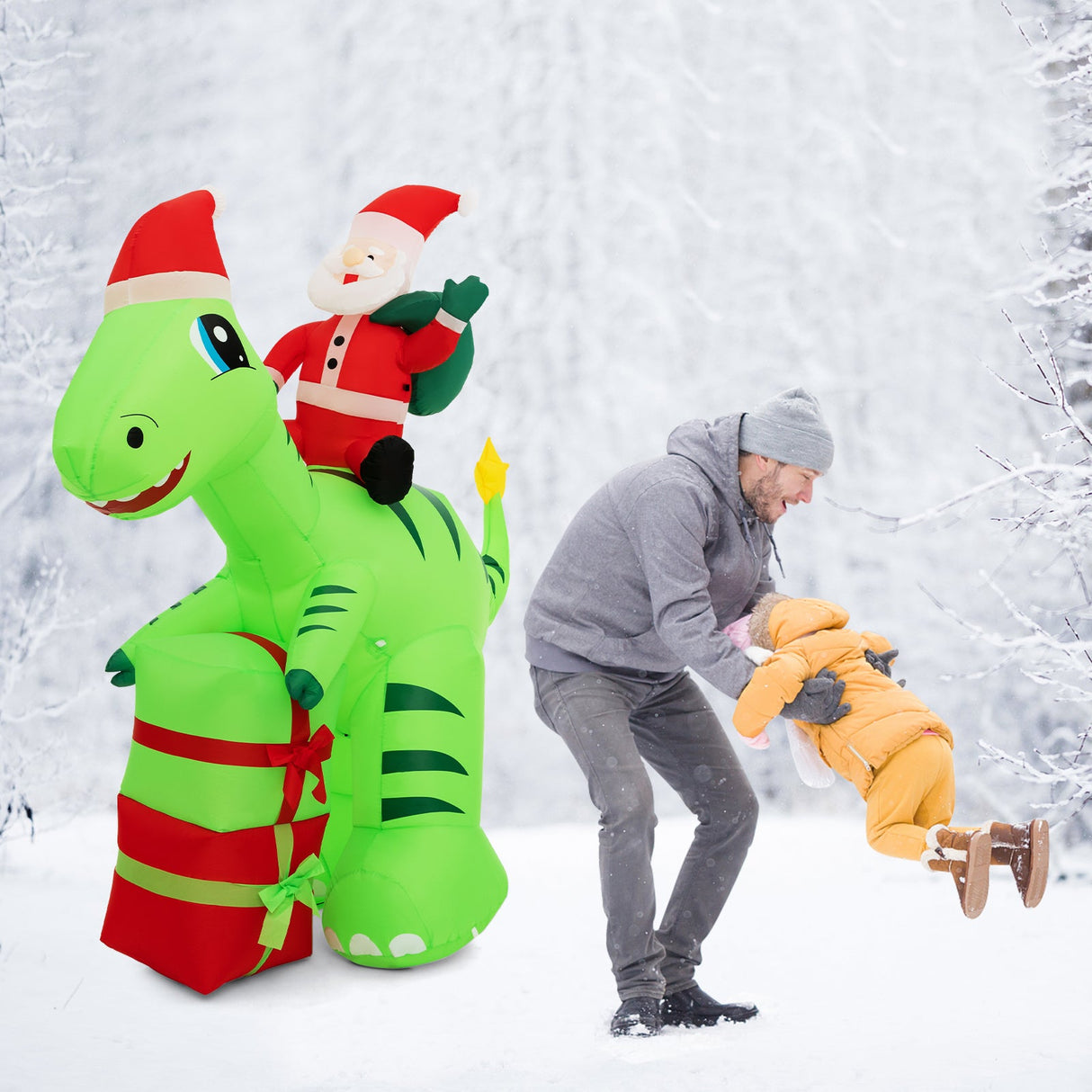 Inflable navideño iluminado de 8 pies de Papá Noel en dinosaurio con cajas de regalo