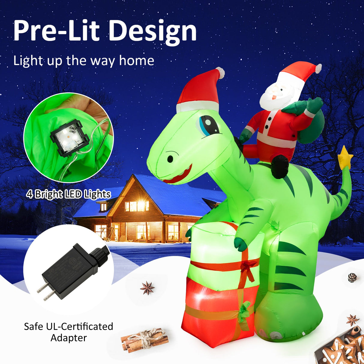 Inflable navideño iluminado de 8 pies de Papá Noel en dinosaurio con cajas de regalo