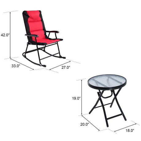 Juego de 3 piezas de mesa y mecedora plegable para exteriores con cojín