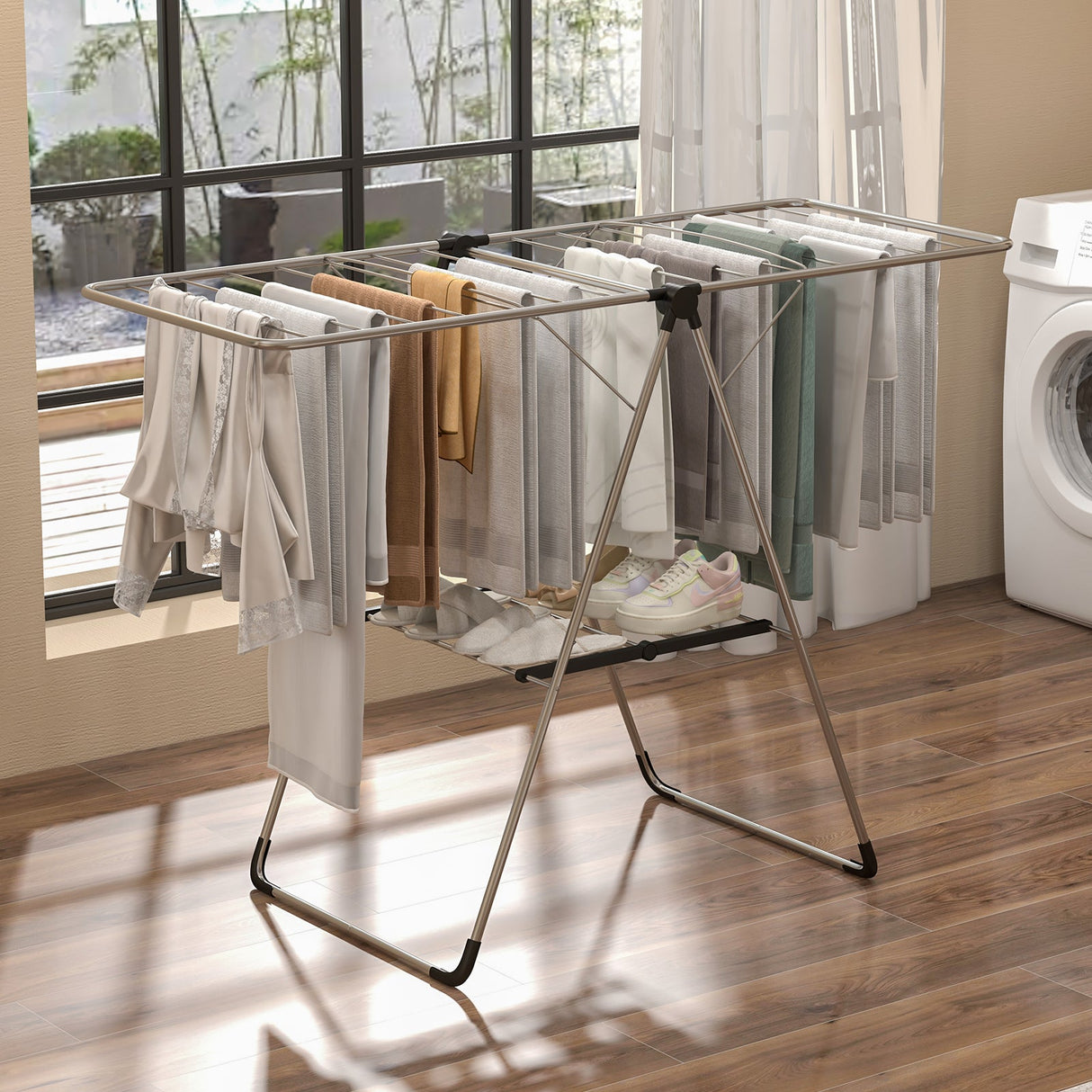 Estante de secado de ropa de 2 niveles, plegable con estructura de aluminio