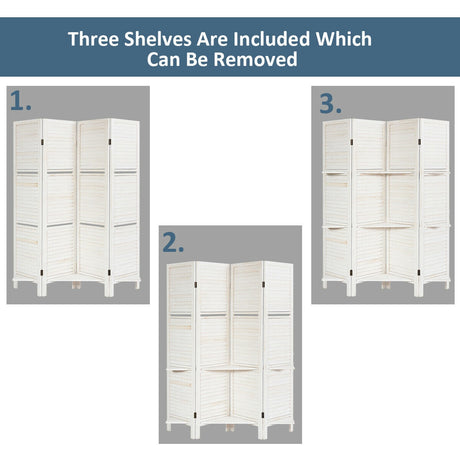 4 Panel Folding Room Divider Screen with 3 Display Shelves