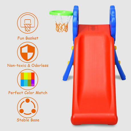 Tobogán plegable de plástico para niños de 2 escalones con aro de baloncesto