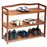 Zapatero de madera de acacia de 2 niveles con 4 ganchos laterales de metal