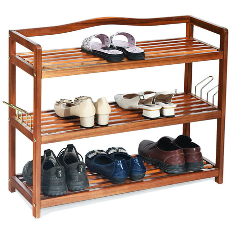 Zapatero de madera de acacia de 2 niveles con 4 ganchos laterales de metal