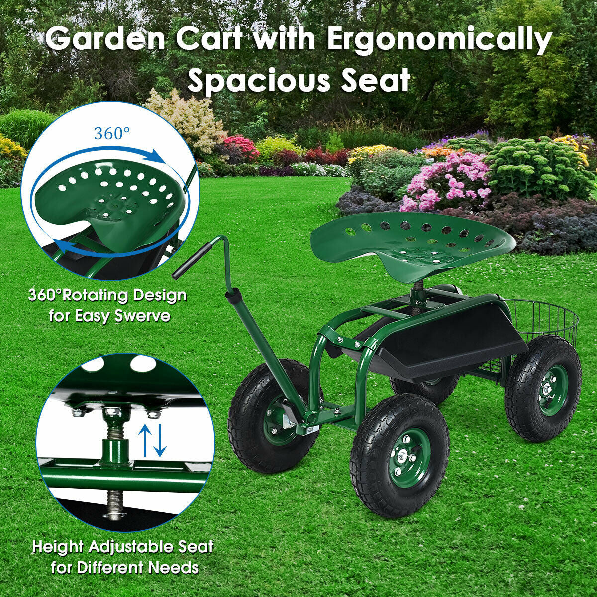 Carro de jardín con manillar extensible y asiento con ruedas