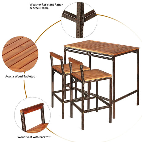 Juego de muebles de comedor de 3 piezas de ratán y mimbre para patio
