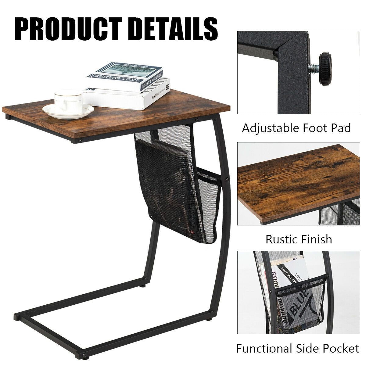 Mesa auxiliar en forma de C vintage con bolsillo lateral y estructura metálica
