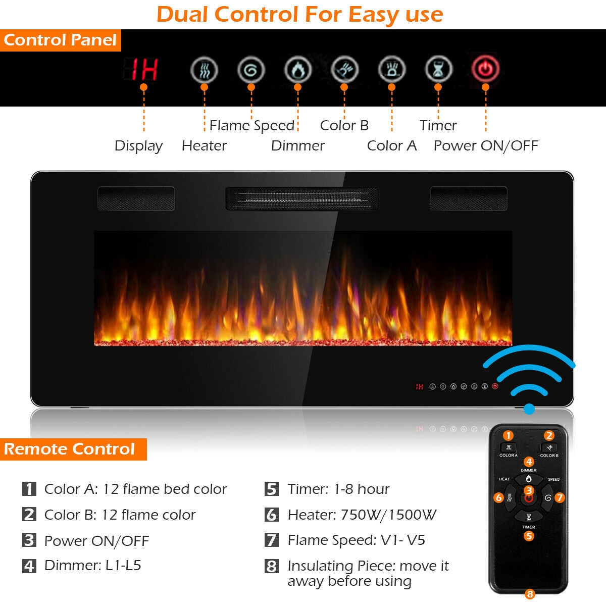 Chimenea eléctrica empotrada ultrafina de 42 pulgadas con temporizador