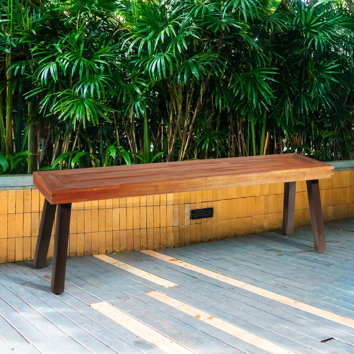 Banco de comedor de madera de acacia para patio con patas de acero