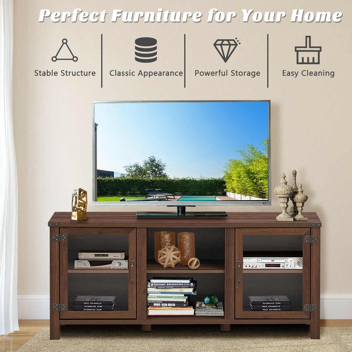 Mueble para TV y centro de entretenimiento para televisores de hasta 65 pulgadas con gabinetes de almacenamiento
