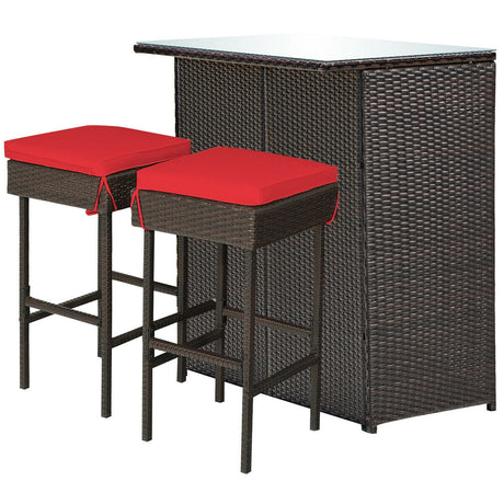 3PCS Patio Rattan Wicker Bar Table Stools Dining Set-Turquoise