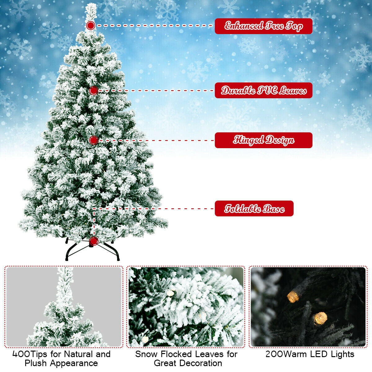 Árbol de Navidad artificial de 4.5 pies, preiluminado, con nieve y bisagras