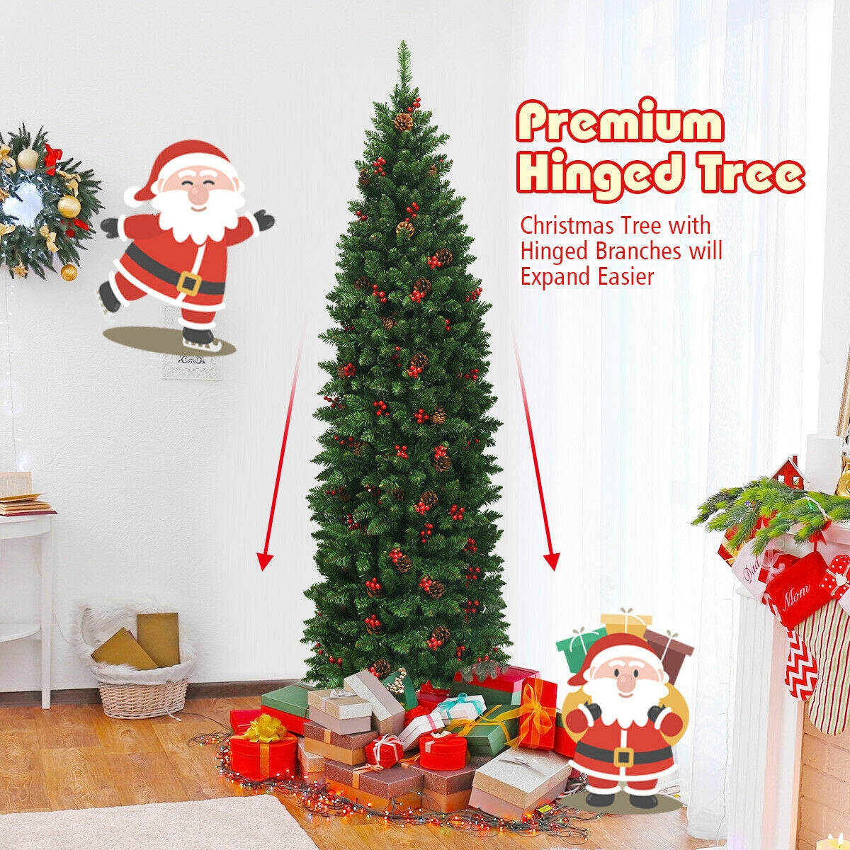 Árbol de Navidad estrecho preiluminado de 6.5 pies con bisagras