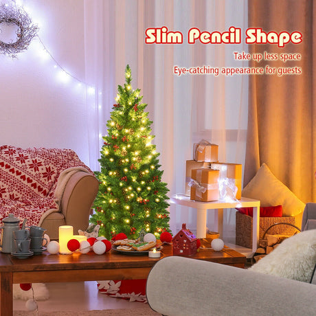 Árbol de Navidad estrecho preiluminado de 4.5 pies con bisagras, piñas, bayas rojas y 150 luces