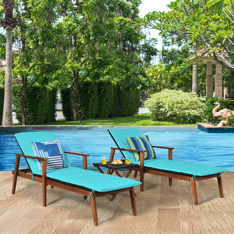 Juego de 3 Sillones Reclinables Portátiles de Ratán Acolchados para Patio con Mesa Plegable