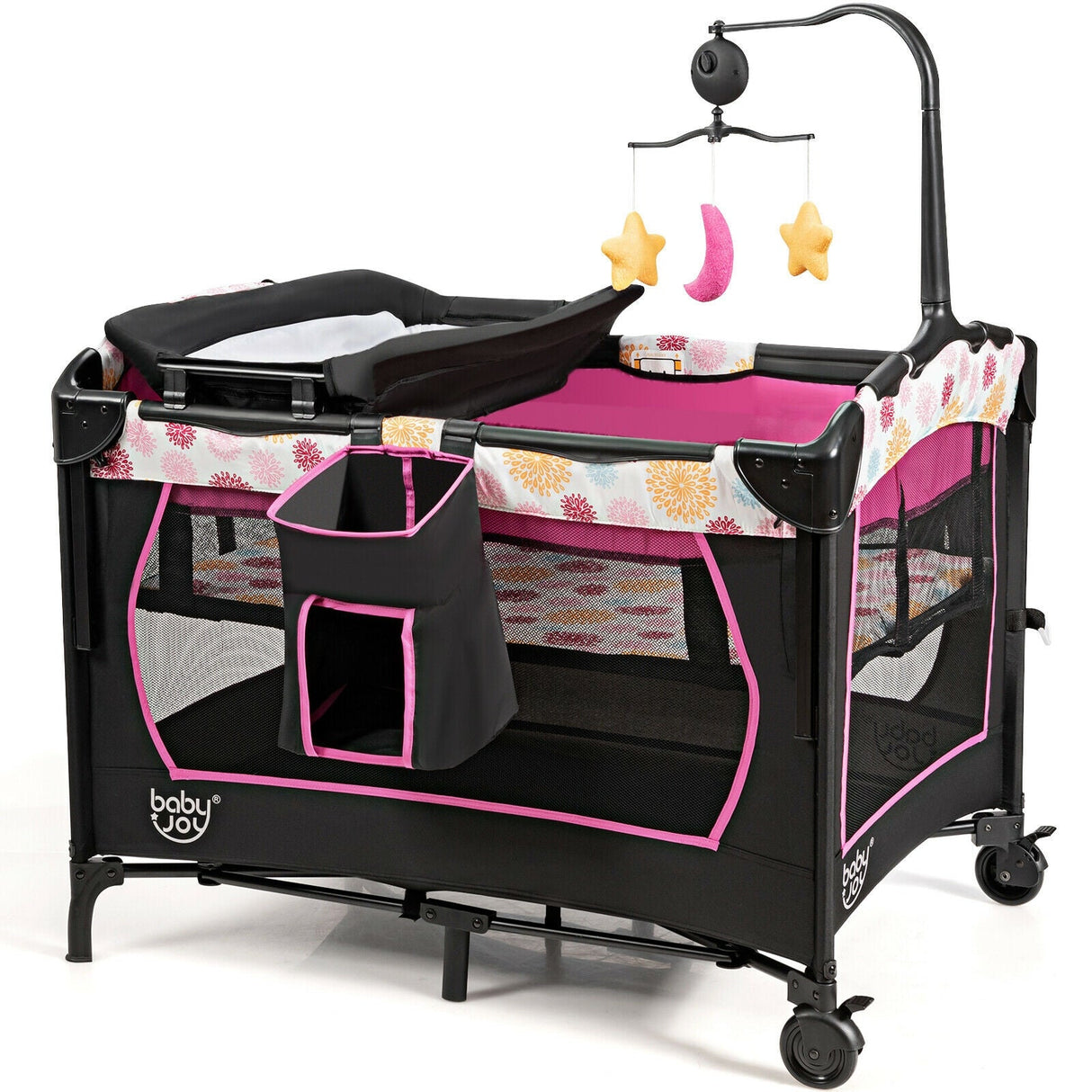 Corral de bebé portátil convertible 3 en 1 con caja de música, ruedas y frenos