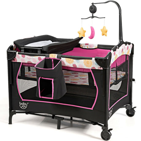 Corral de bebé portátil convertible 3 en 1 con caja de música, ruedas y frenos