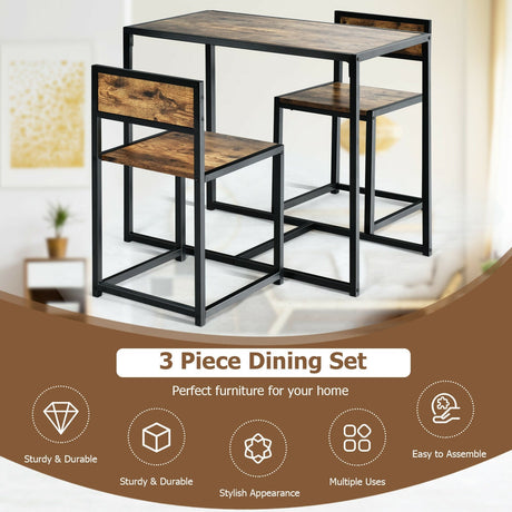 Juego de comedor de 3 piezas, mesa compacta y 2 sillas con estructura metálica para espacios pequeños