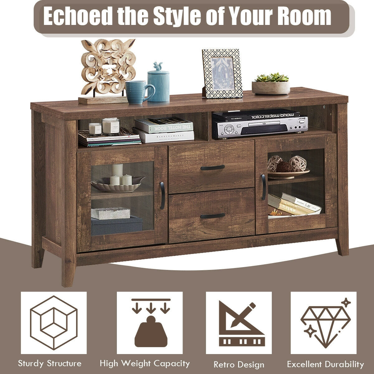 Mueble para TV retro de madera con cajones y puertas de cristal templado