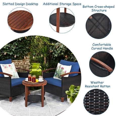 Juego de muebles de patio de ratán de 3 piezas con cojines lavables y tablero de mesa de madera de acacia