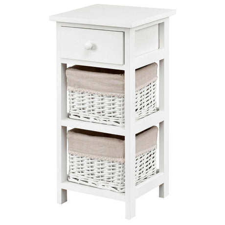 Mesa auxiliar de noche para dormitorio con cajones y cestas, 2 unidades, color blanco