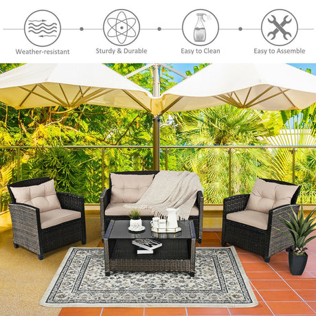 Juego de muebles de ratán para exterior de 4 piezas con mesa de cristal