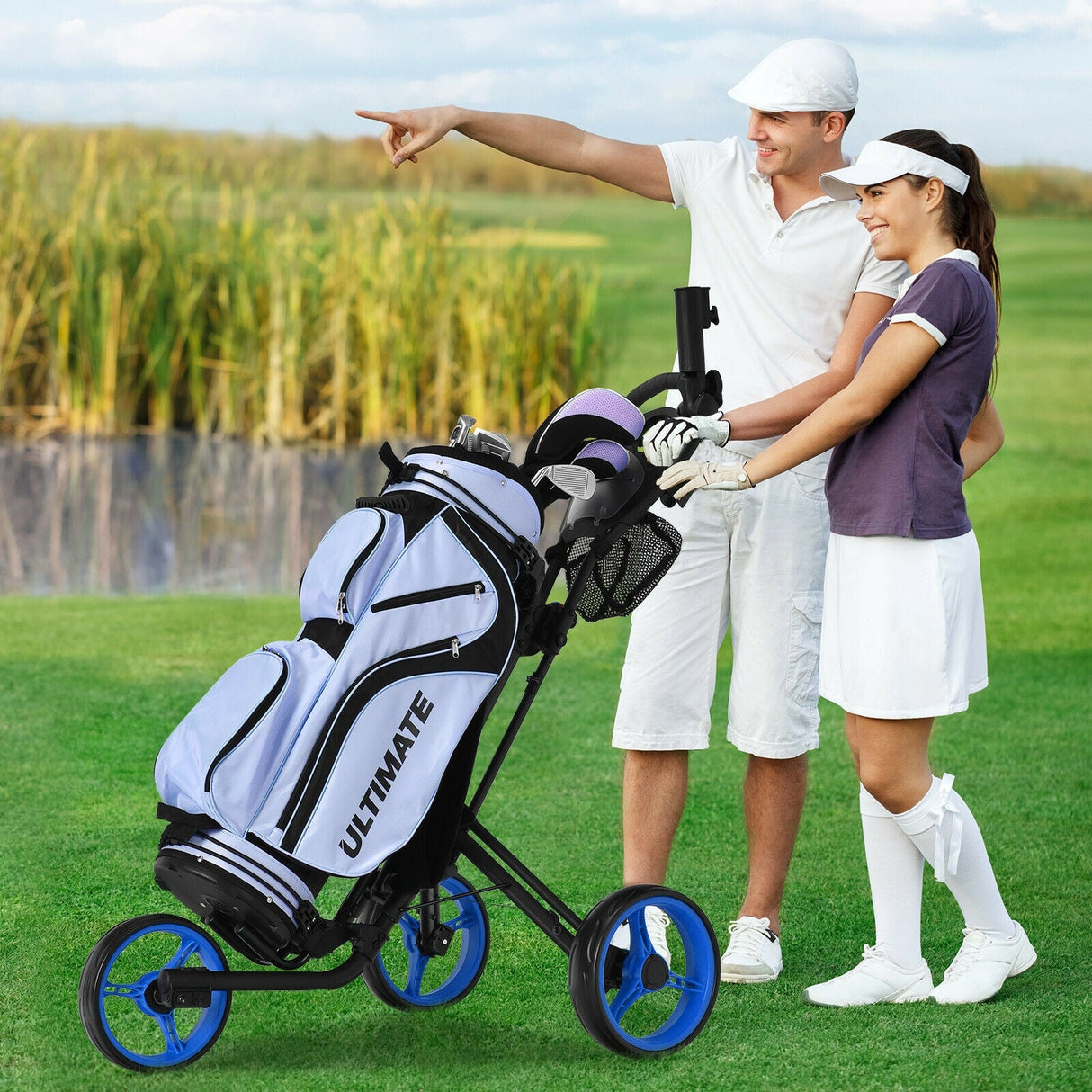 Carro de golf plegable de 3 ruedas con freno, marcador y mango ajustable