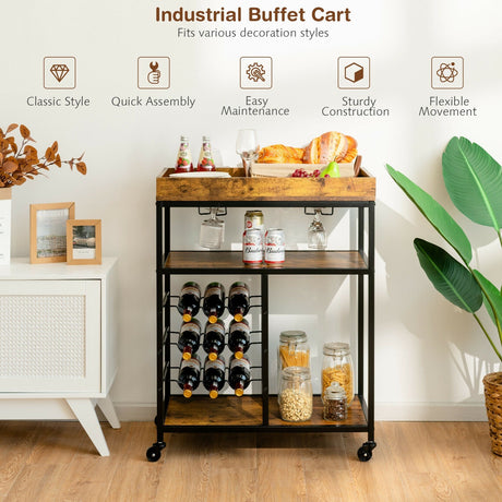 Carrito de Servicio de Cocina Rodante de Madera de 3 Niveles con Soporte para 9 Botellas de Vino, Estructura Metálica - Marrón Rústico