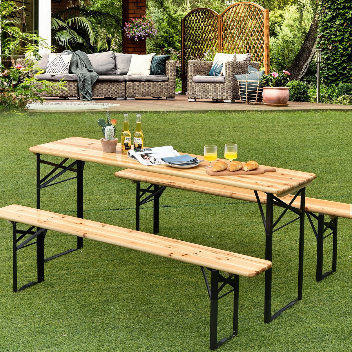 Juego de Banco y Mesa de Picnic Plegable de Madera de 3 Piezas