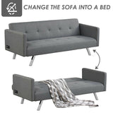 3 Seat Convertible Linen Fabric Futon Sofa with USB and Power Strip