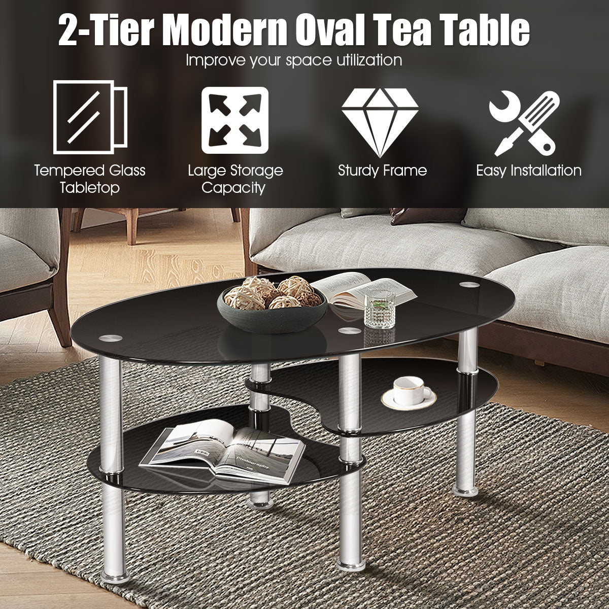 Mesa de centro ovalada de cristal templado