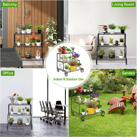 Estante metálico de 3 niveles para macetas de jardín para exteriores
