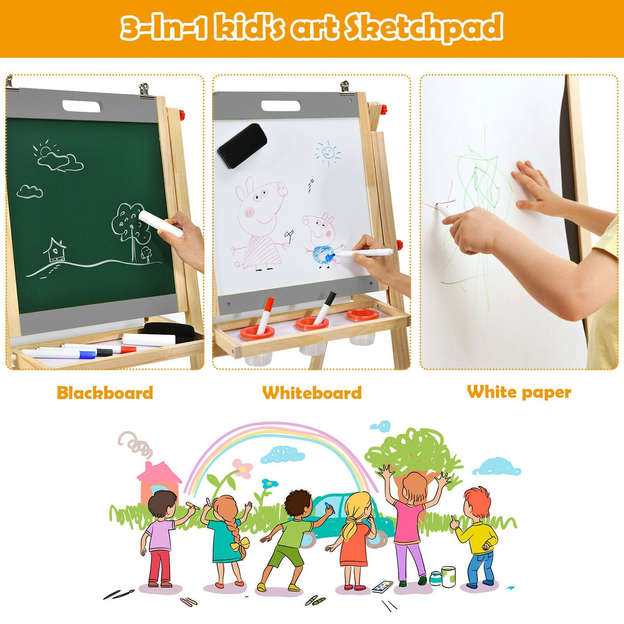 Caballete de arte para niños con rollo de papel, pizarra de doble cara y pizarra blanca-Gris